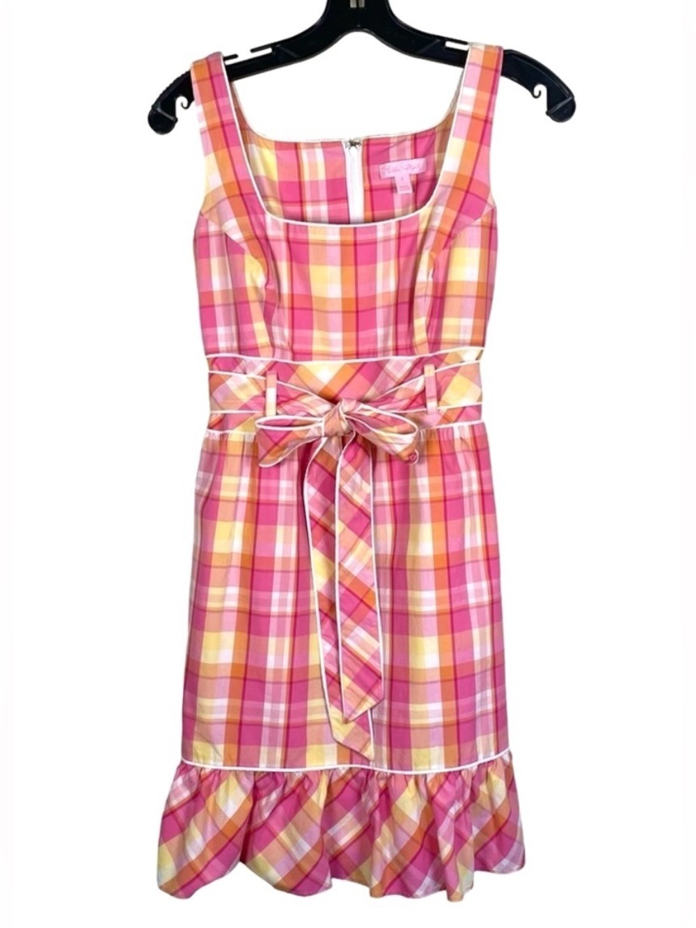 Lilly Pulitzer Posey Dress Pink Plaid Cotton Belted Ruffle Hem Preppy Size 2